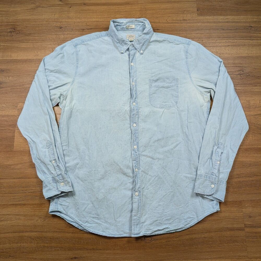 J Crew Classic Fit Chambray Shirt Men XLT Tall Blue Organic Cotton Long Sleeve